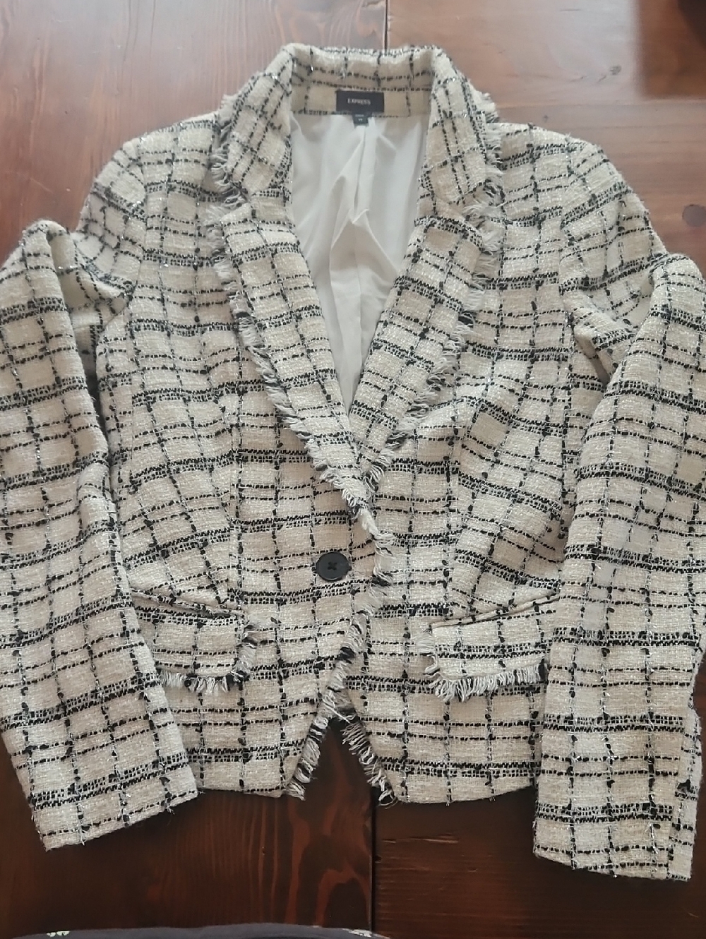 Express Cream and Black Checked Fringe Hem Blazer